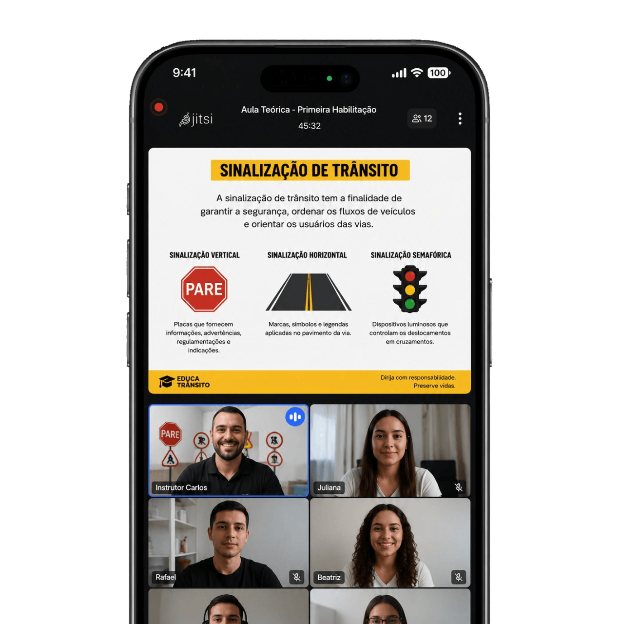 Conteúdo de sinalização de trânsito exibido na tela durante a aula ao vivo.